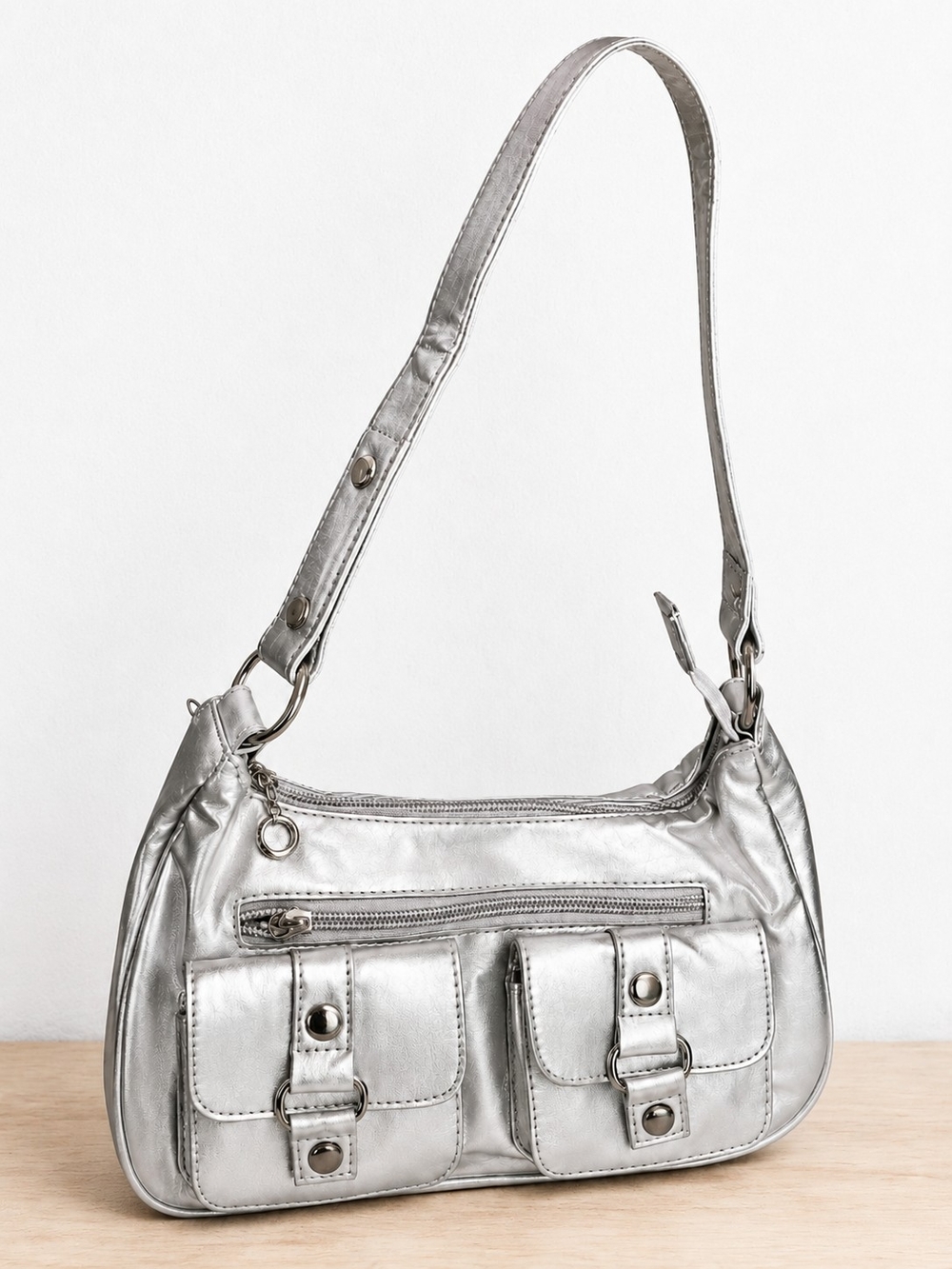 Metallic Silver Shoulder Bag with Front Pockets